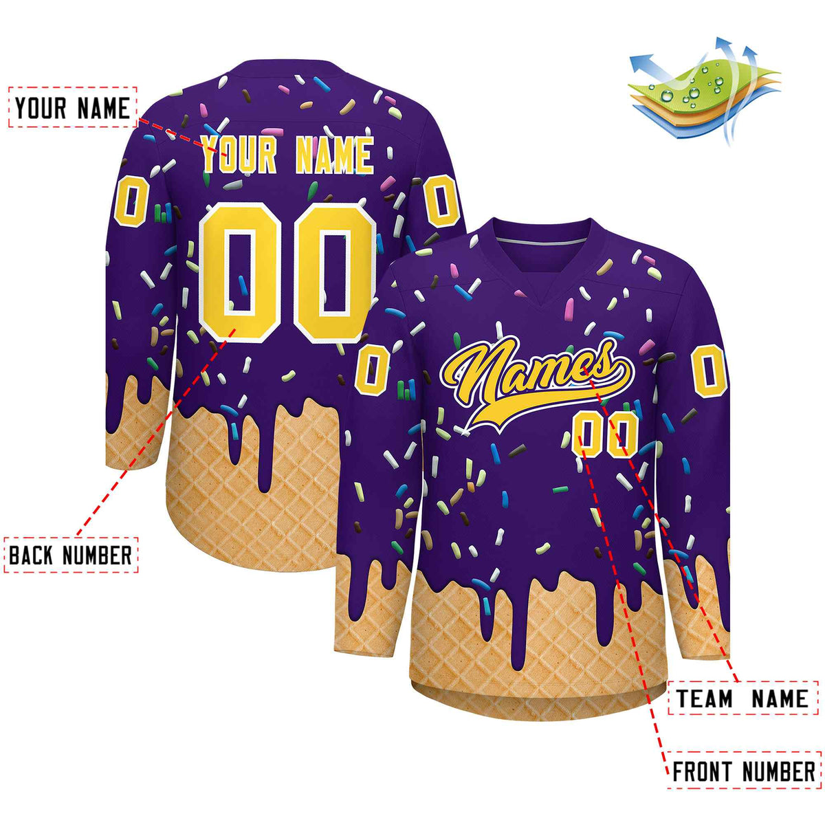 Custom Purple Gold Ice Cream Pattern Personalized V-Neck Hockey Jersey