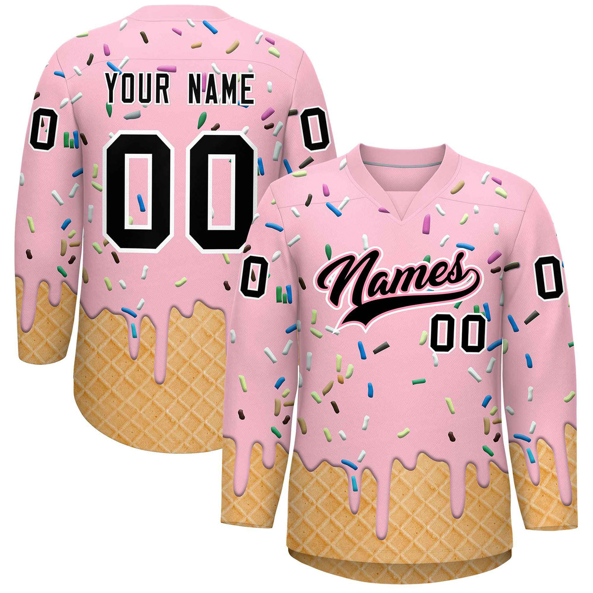 Custom Light Pink Black Ice Cream Pattern Personalized V-Neck Hockey Jersey