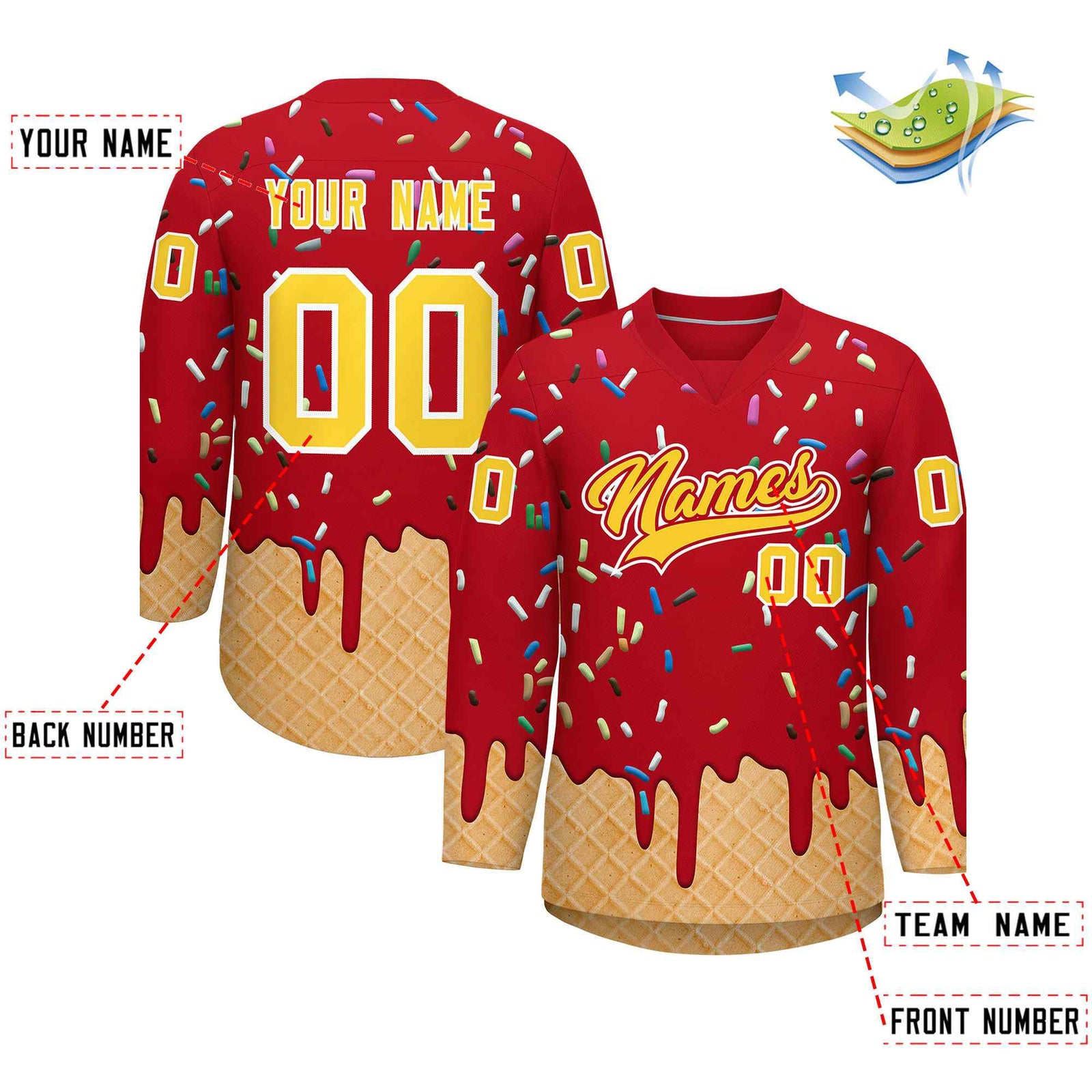 Custom Red Gold Ice Cream Pattern Personalized V-Neck Hockey Jersey