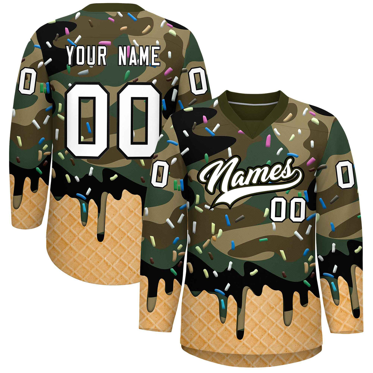 Custom Camo White Ice Cream Pattern Personalized V-Neck Hockey Jersey