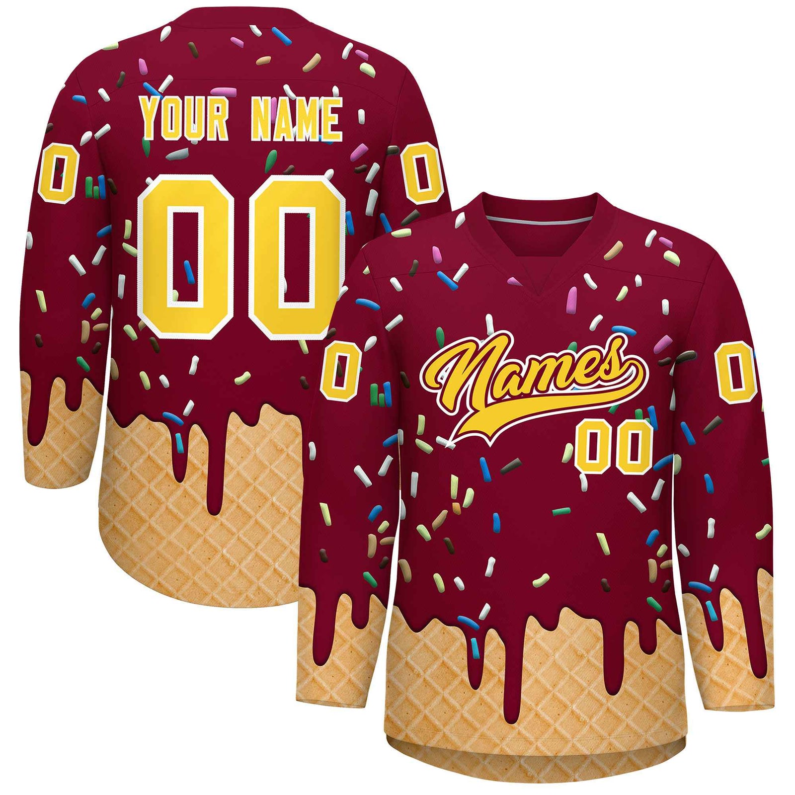 Custom Crimson Gold Ice Cream Pattern Personalized V-Neck Hockey Jersey