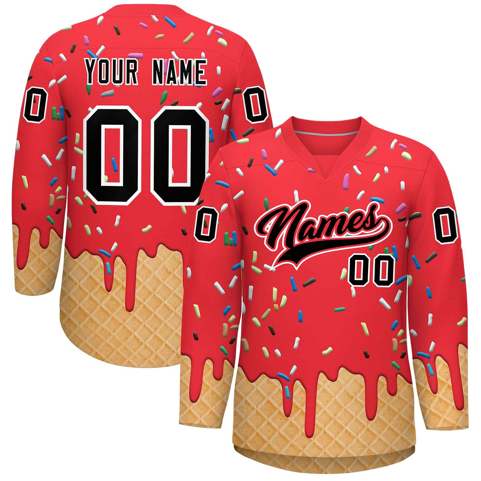 Custom Light Red Black Ice Cream Pattern Personalized V-Neck Hockey Jersey