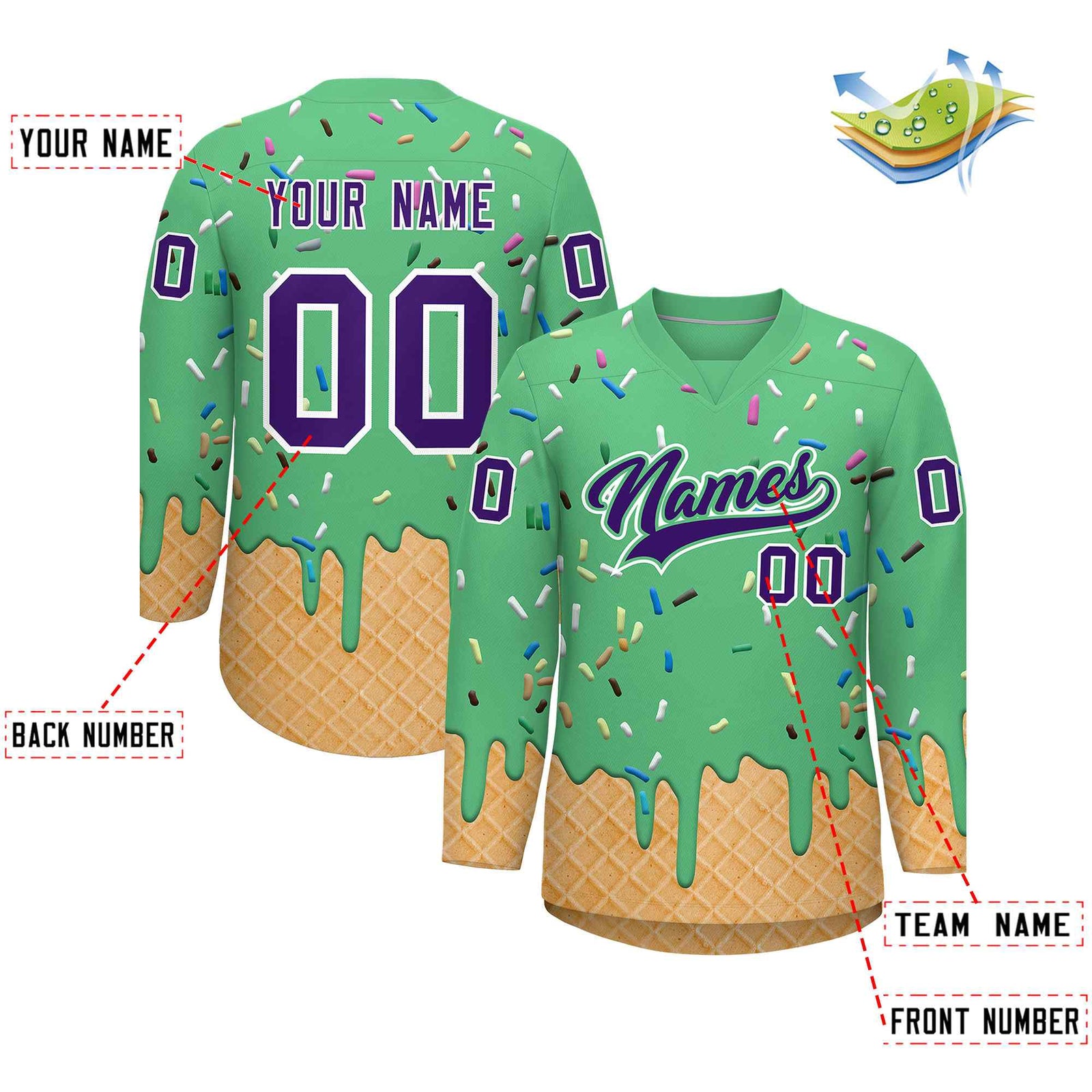 Custom Neon Green Purple Ice Cream Pattern Personalized V-Neck Hockey Jersey