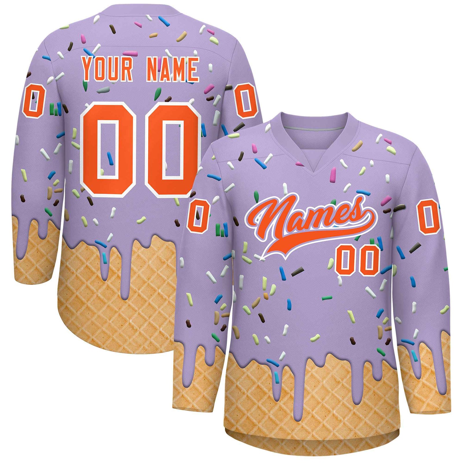 Custom Light Purple Orange Ice Cream Pattern Personalized V-Neck Hockey Jersey