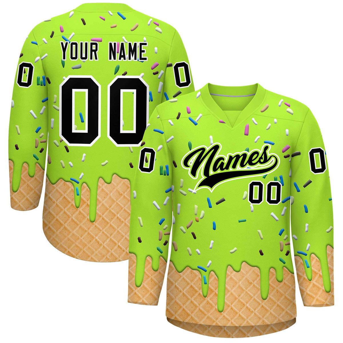 Custom Neon Green Black Ice Cream Pattern Personalized V-Neck Hockey Jersey