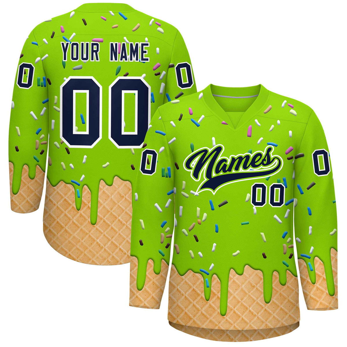 Custom Neon Green Navy Ice Cream Pattern Personalized V-Neck Hockey Jersey