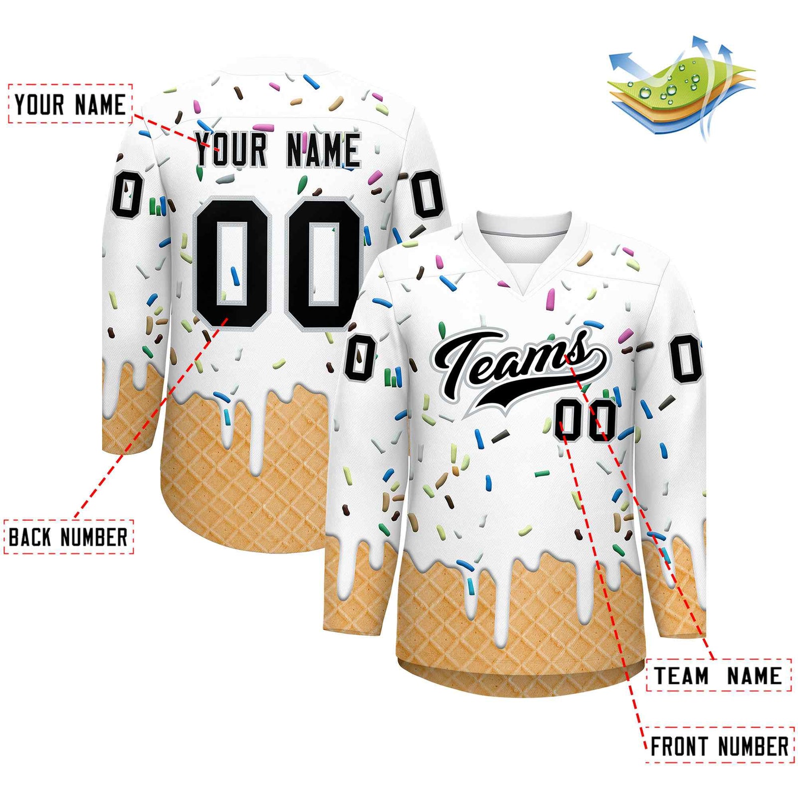 Custom White Black Ice Cream Pattern Personalized V-Neck Hockey Jersey
