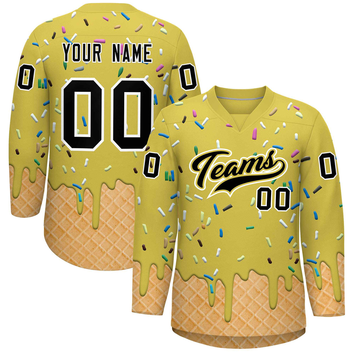 Custom Old Gold Black Ice Cream Pattern Personalized V-Neck Hockey Jersey