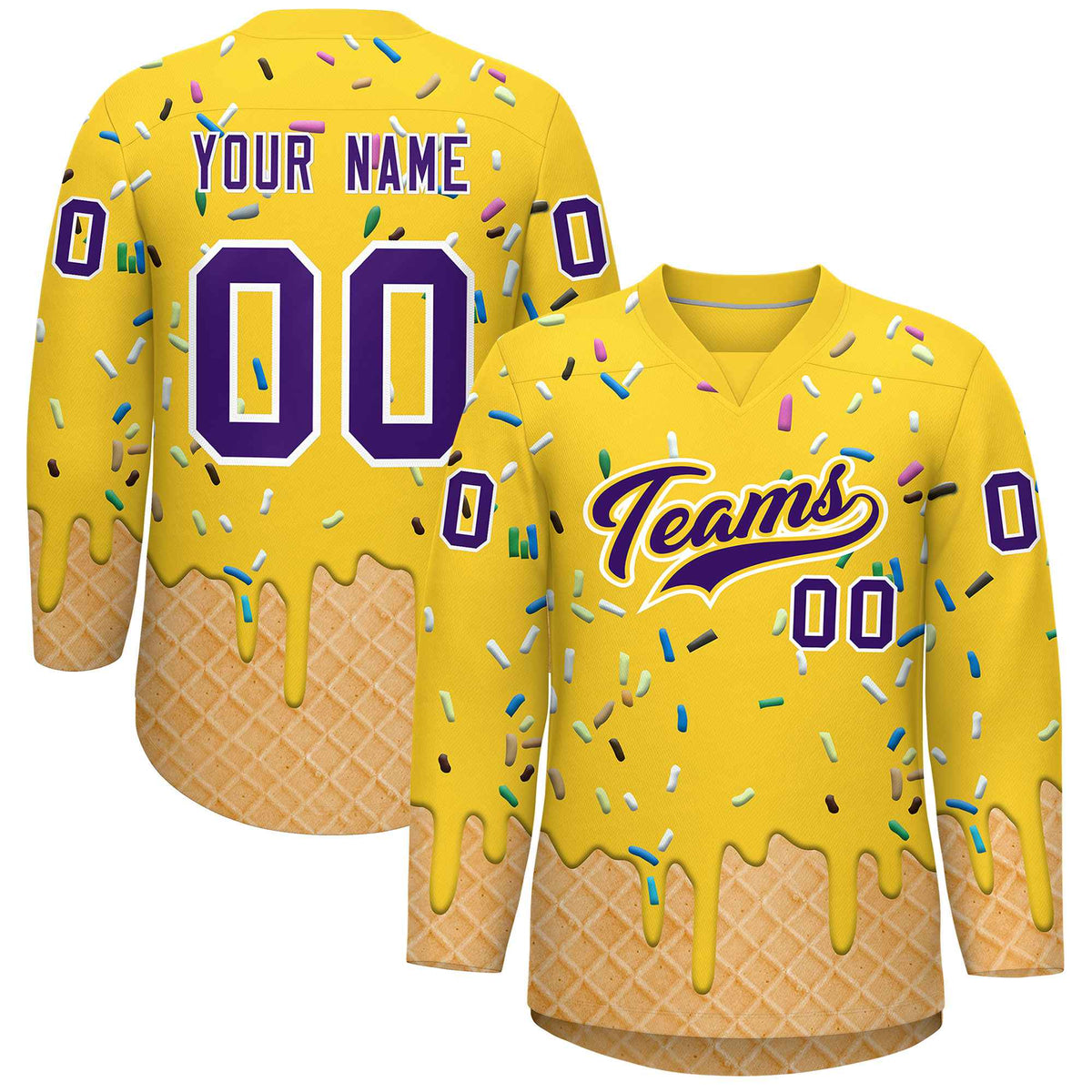 Custom Gold Purple Ice Cream Pattern Personalized V-Neck Hockey Jersey