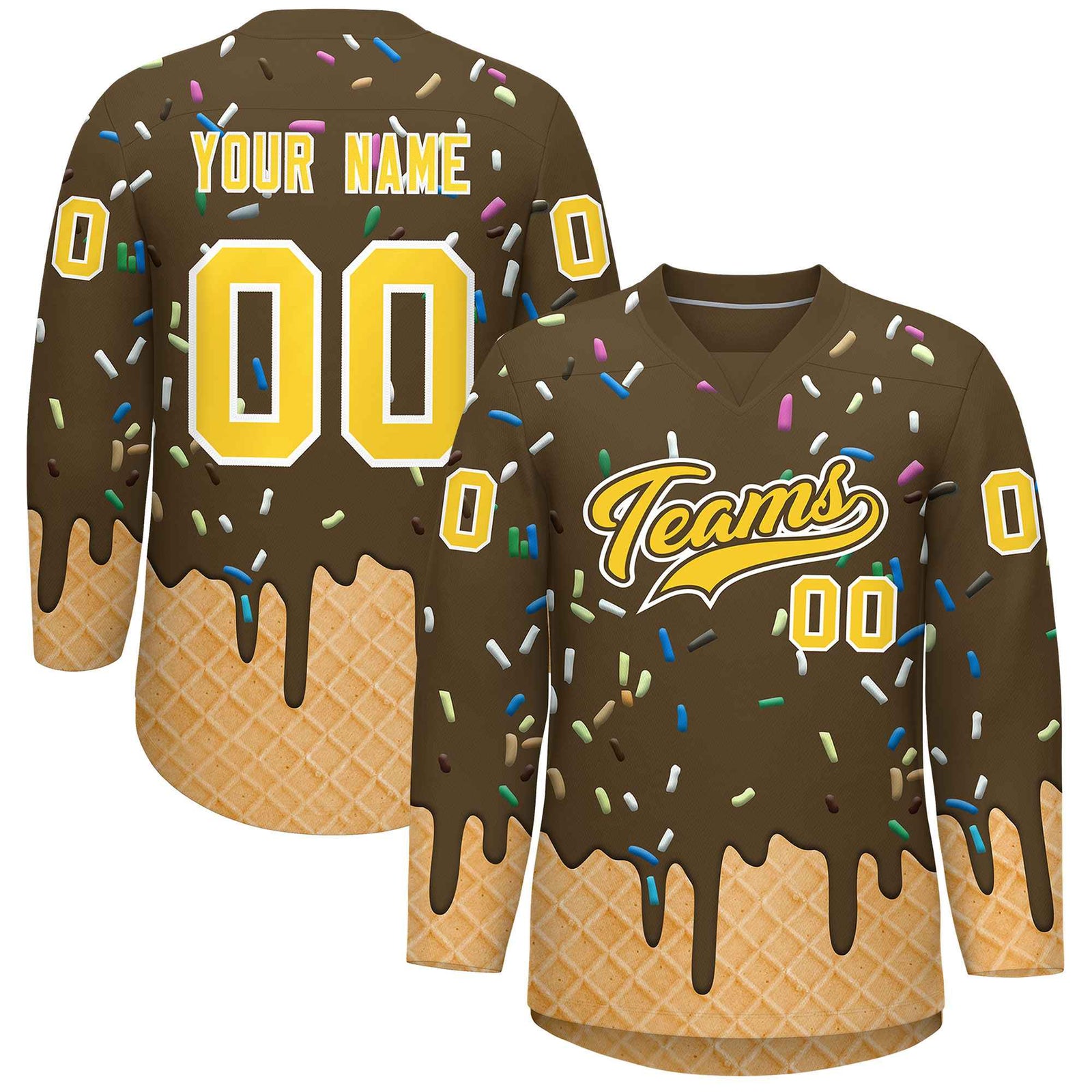 Custom Light Brown Gold Ice Cream Pattern Personalized V-Neck Hockey Jersey