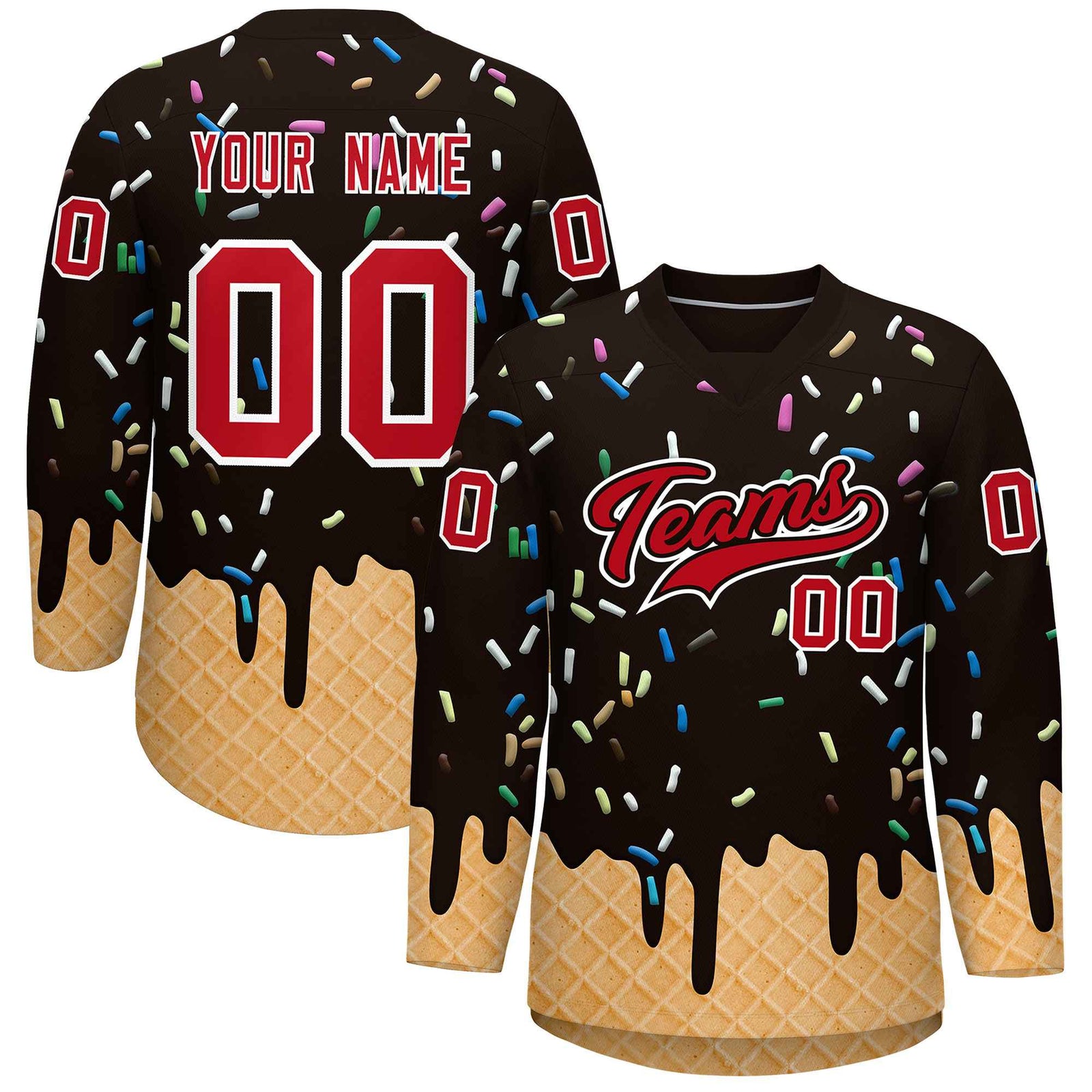 Custom Brown Red Ice Cream Pattern Personalized V-Neck Hockey Jersey