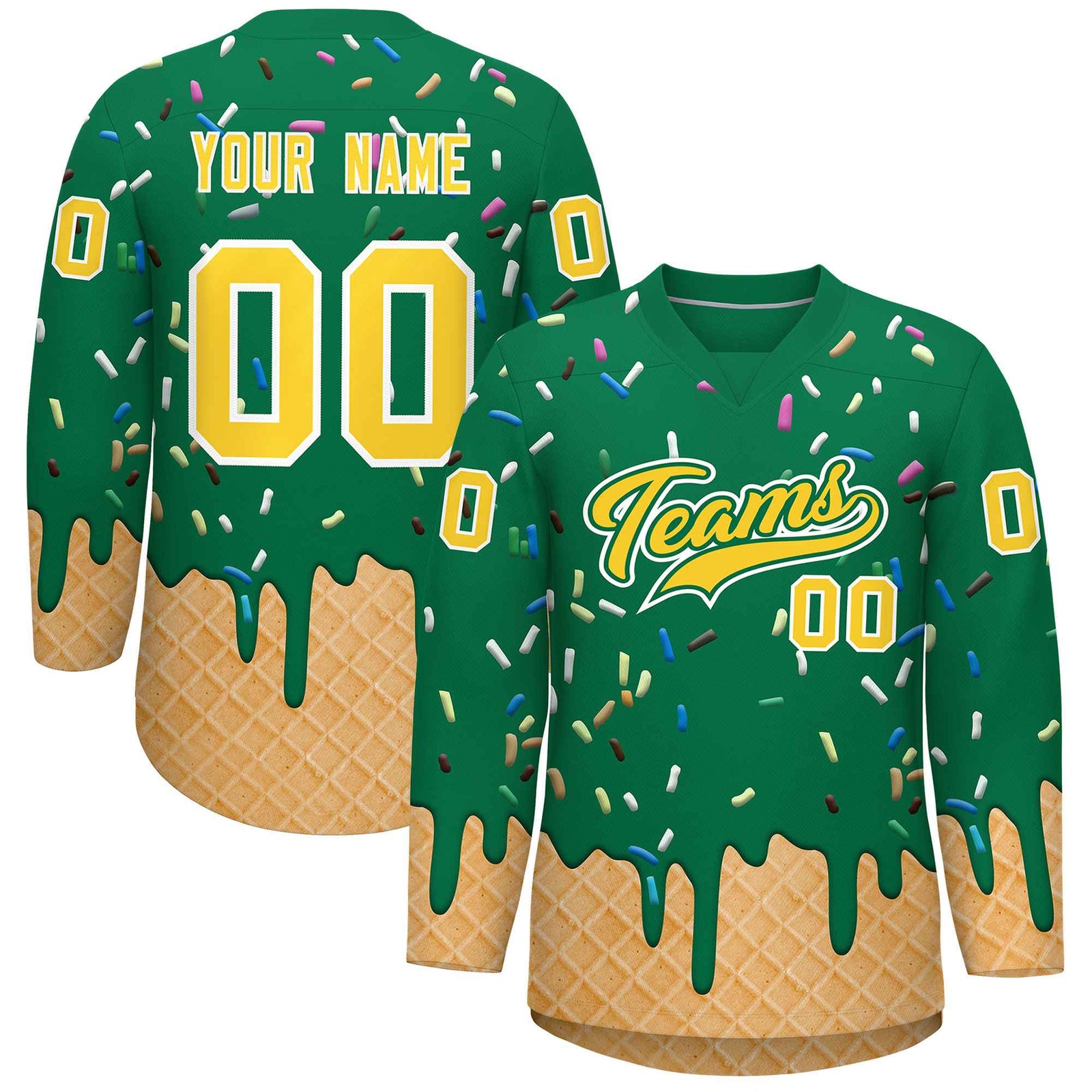 Custom Kelly Green Gold Ice Cream Pattern Personalized V-Neck Hockey Jersey