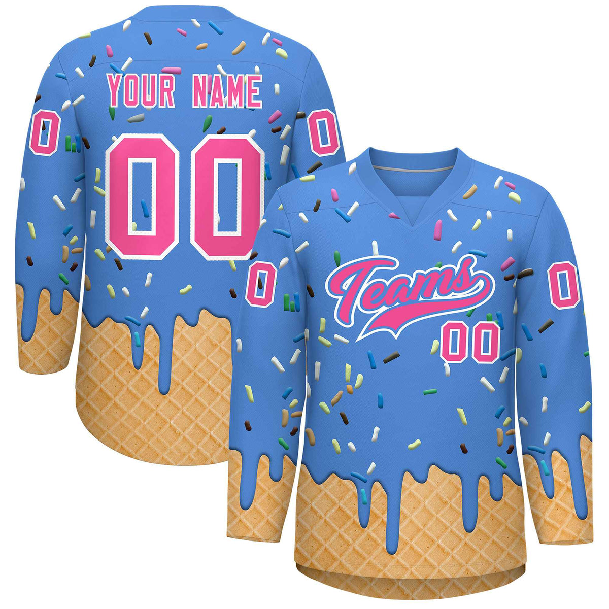 Custom Powder Blue Pink Ice Cream Pattern Personalized V-Neck Hockey Jersey