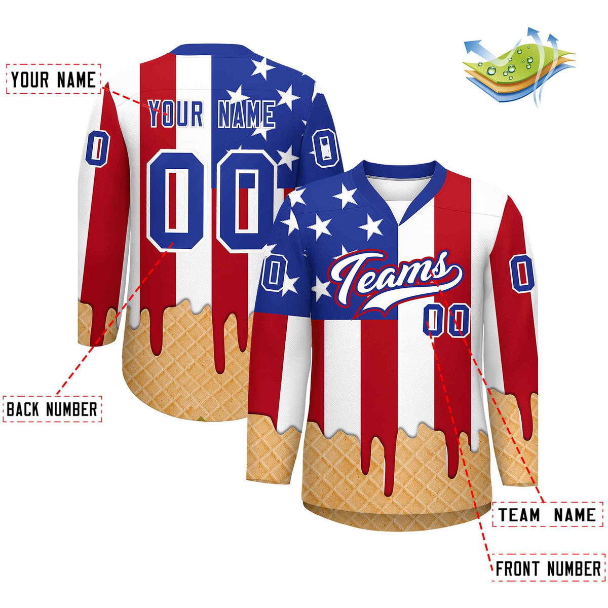 Custom American Flag White Ice Cream Pattern Personalized V-Neck Hockey Jersey