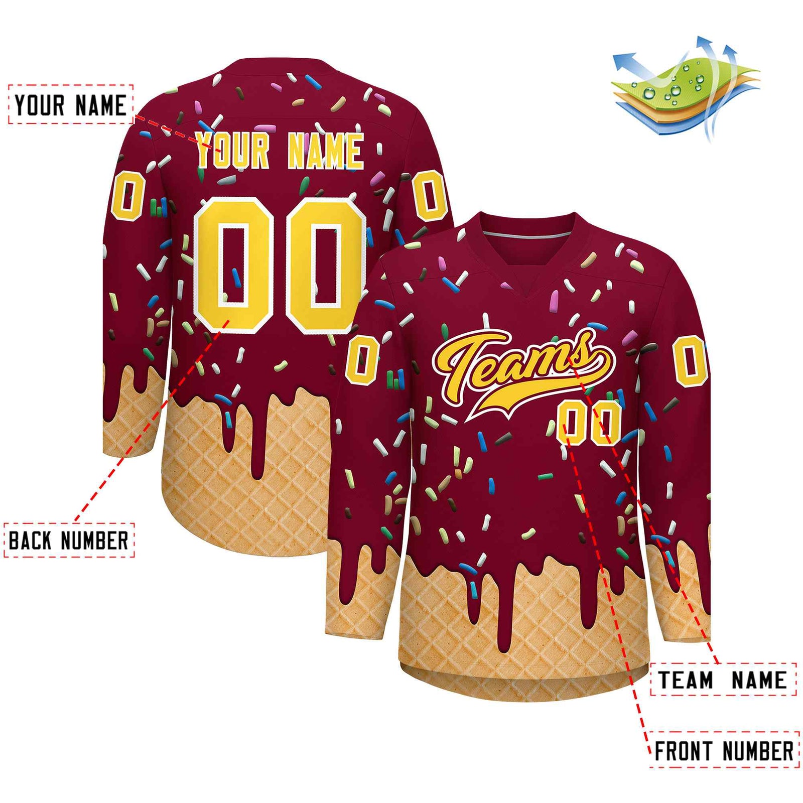 Custom Crimson Gold Ice Cream Pattern Personalized V-Neck Hockey Jersey