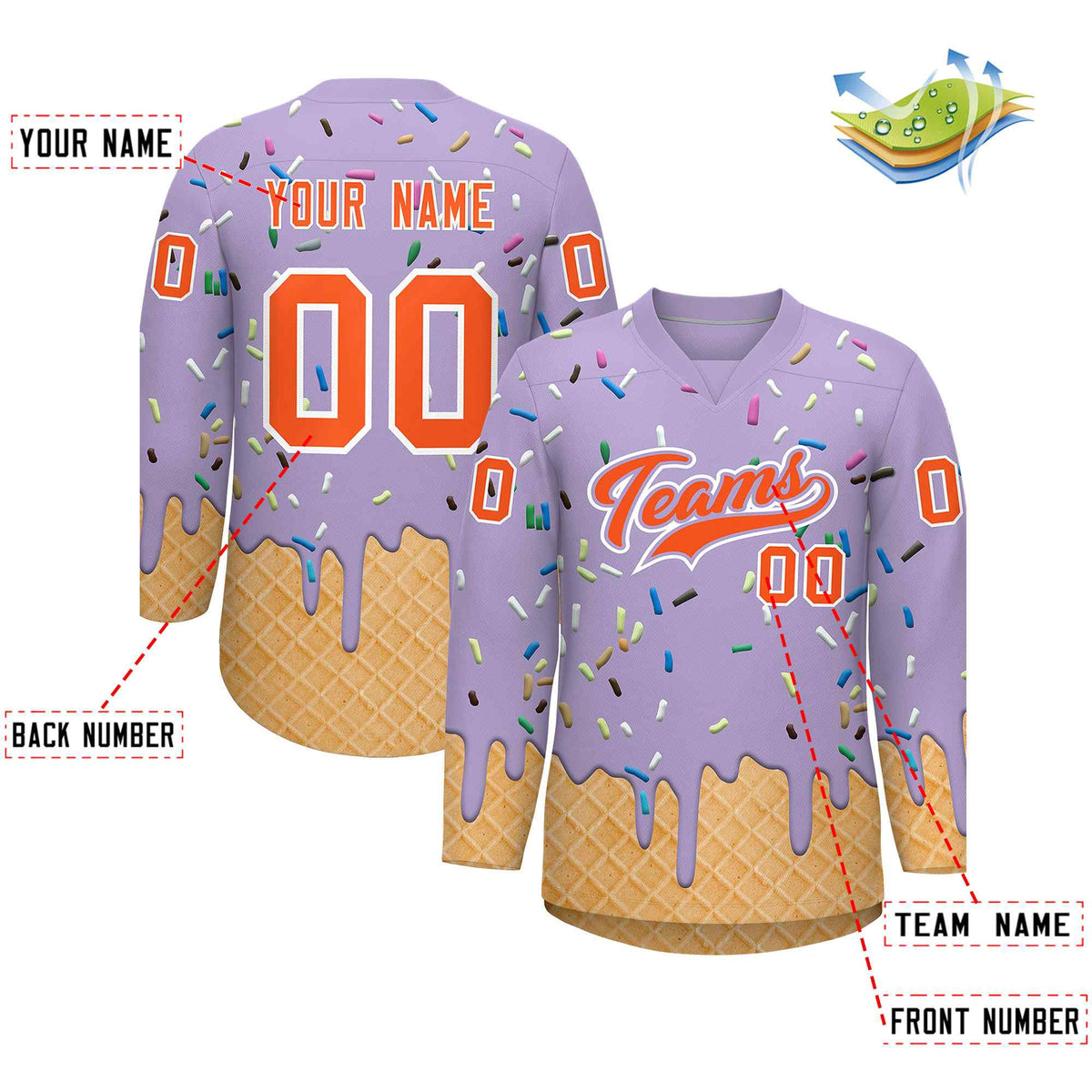 Custom Light Purple Orange Ice Cream Pattern Personalized V-Neck Hockey Jersey