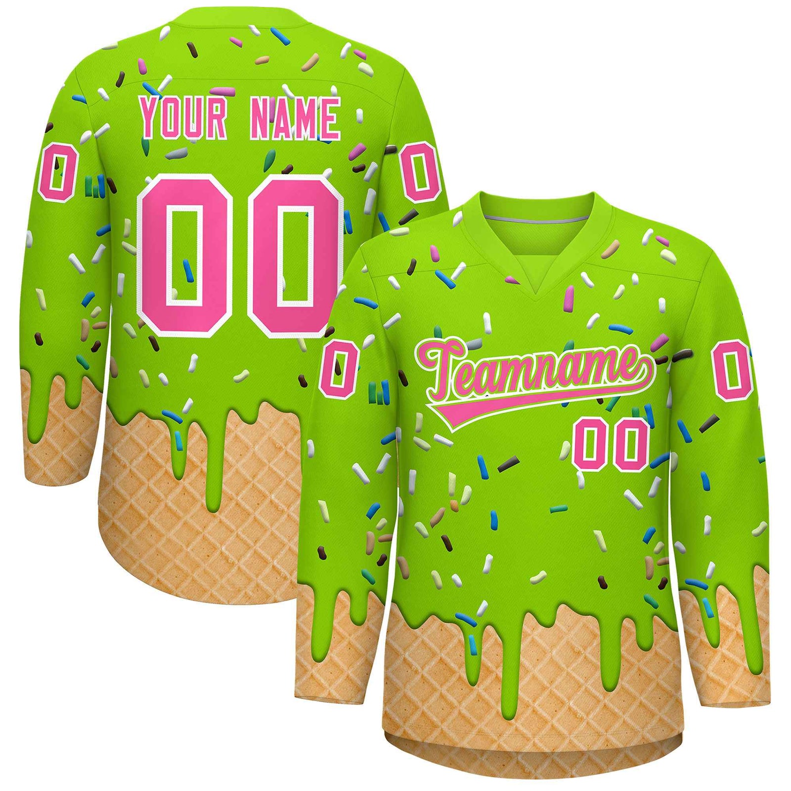 Custom Neon Green Pink Ice Cream Pattern Personalized V-Neck Hockey Jersey| KXKSHOP