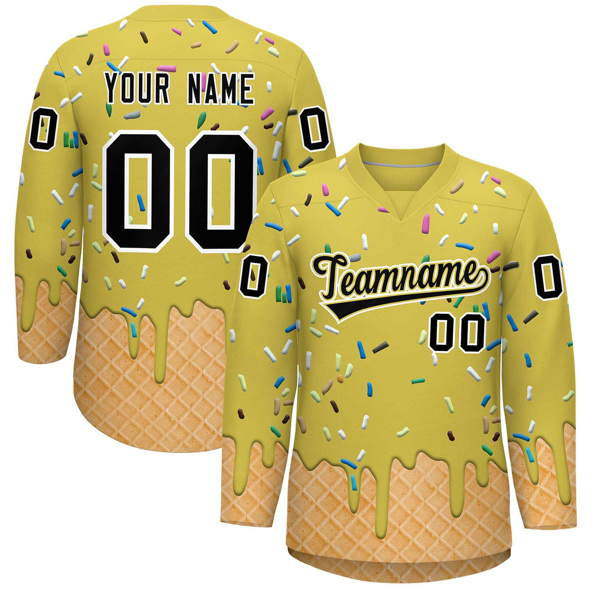 Custom Old Gold Black Ice Cream Pattern Personalized V-Neck Hockey Jersey| KXKSHOP