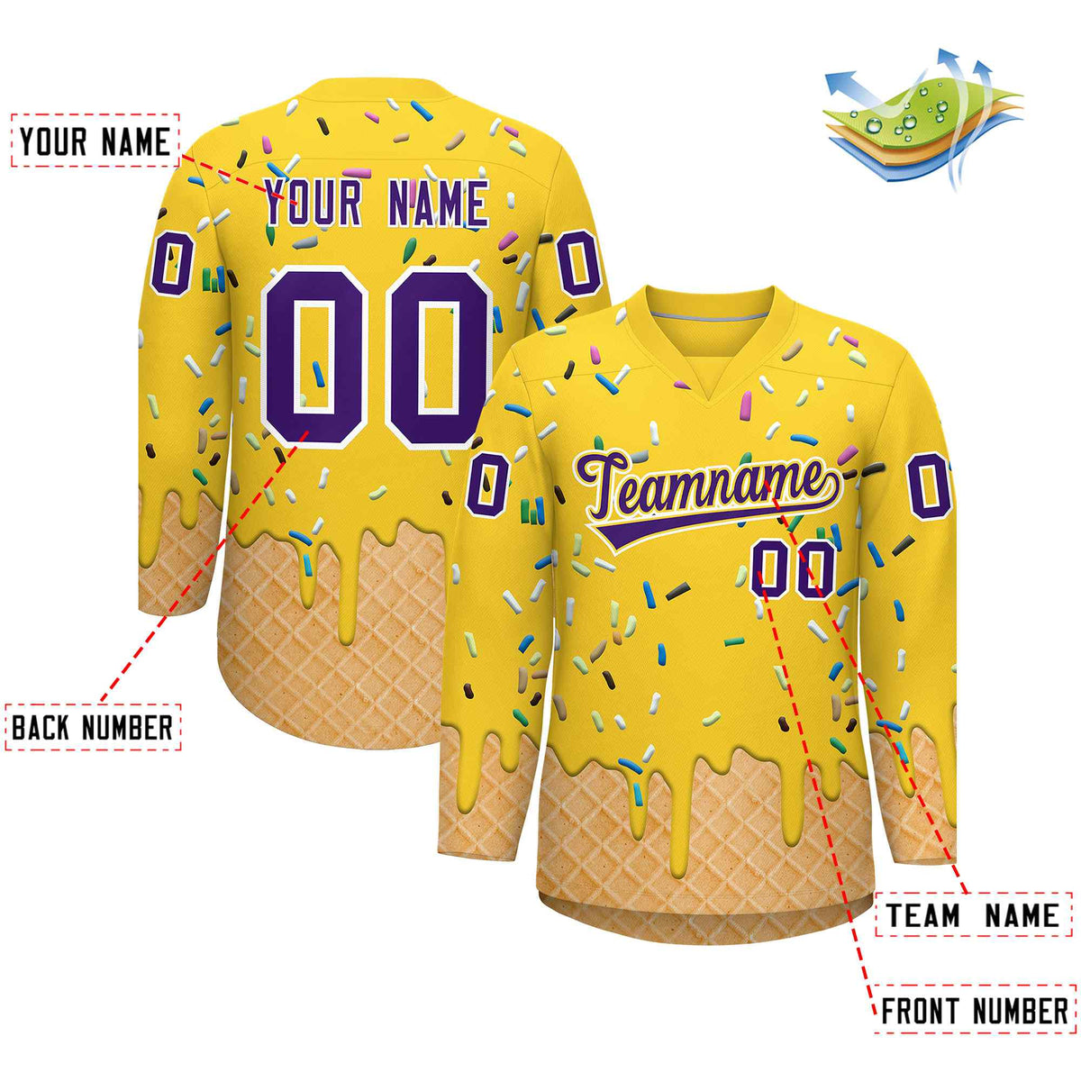 Custom Gold Purple Ice Cream Pattern Personalized V-Neck Hockey Jersey| KXKSHOP