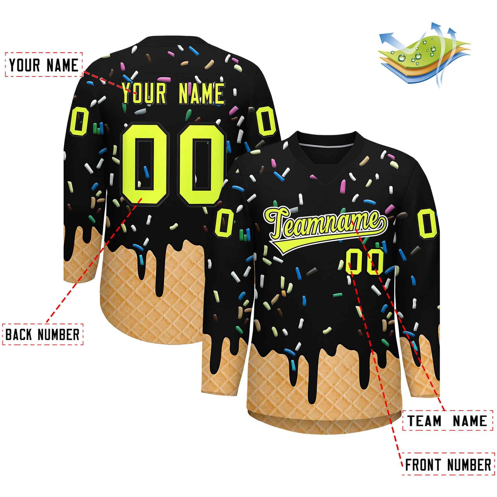 Custom Black Fluorescent Green Ice Cream Pattern Personalized V-Neck Hockey Jersey| KXKSHOP