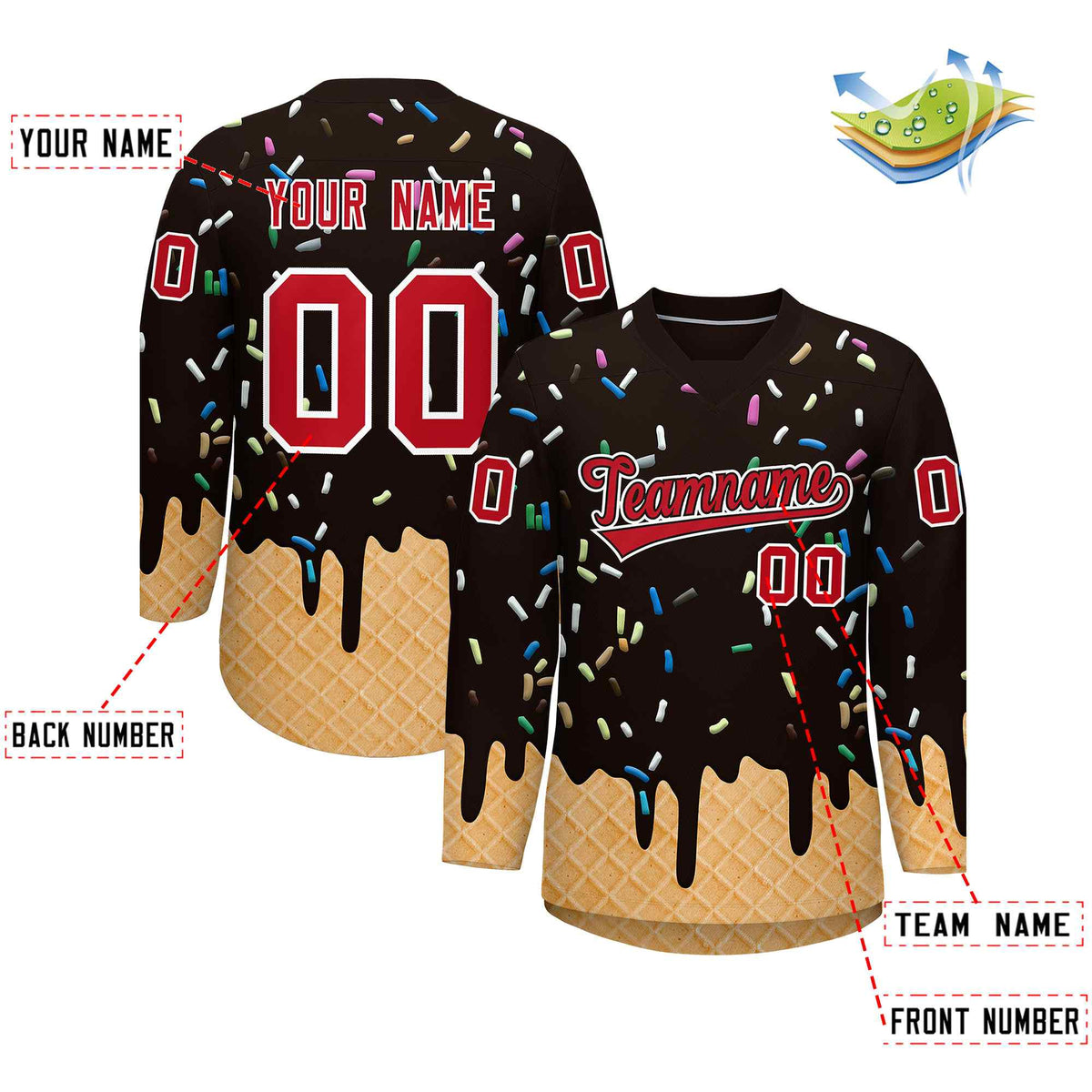 Custom Brown Red Ice Cream Pattern Personalized V-Neck Hockey Jersey| KXKSHOP