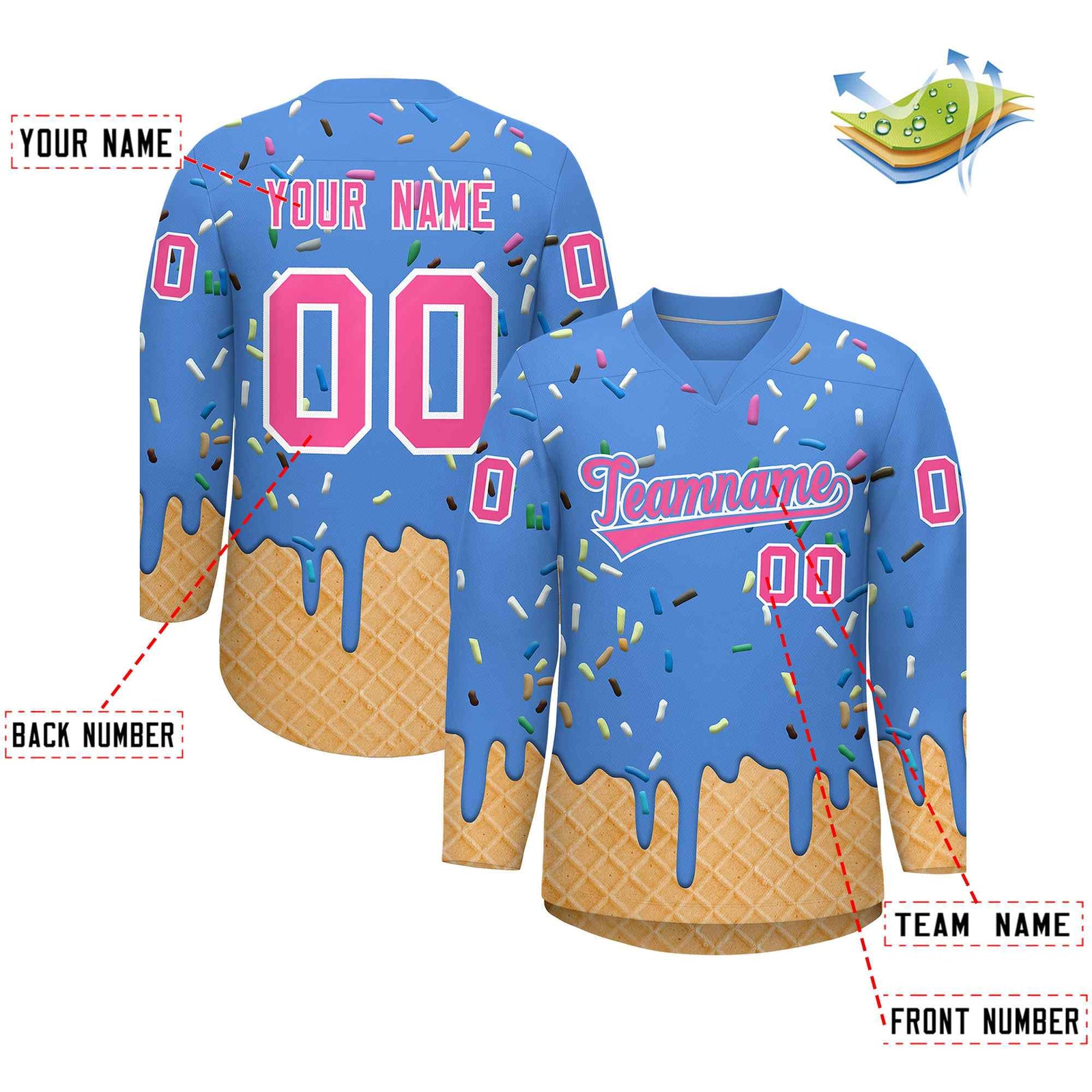 Custom Powder Blue Pink Ice Cream Pattern Personalized V-Neck Hockey Jersey| KXKSHOP