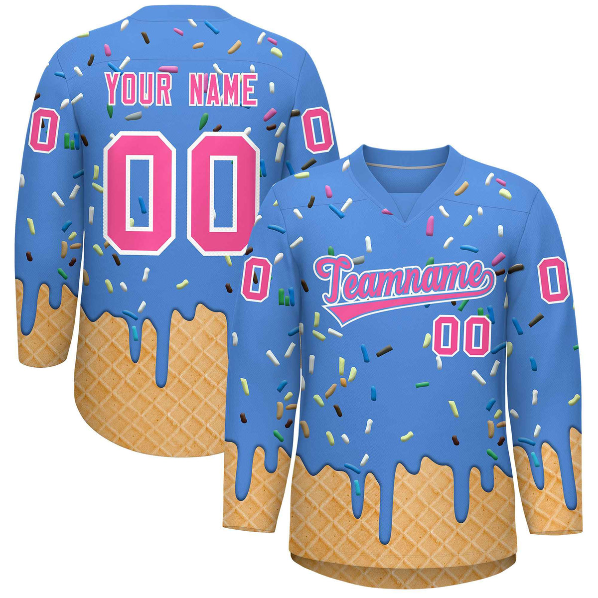 Custom Powder Blue Pink Ice Cream Pattern Personalized V-Neck Hockey Jersey| KXKSHOP