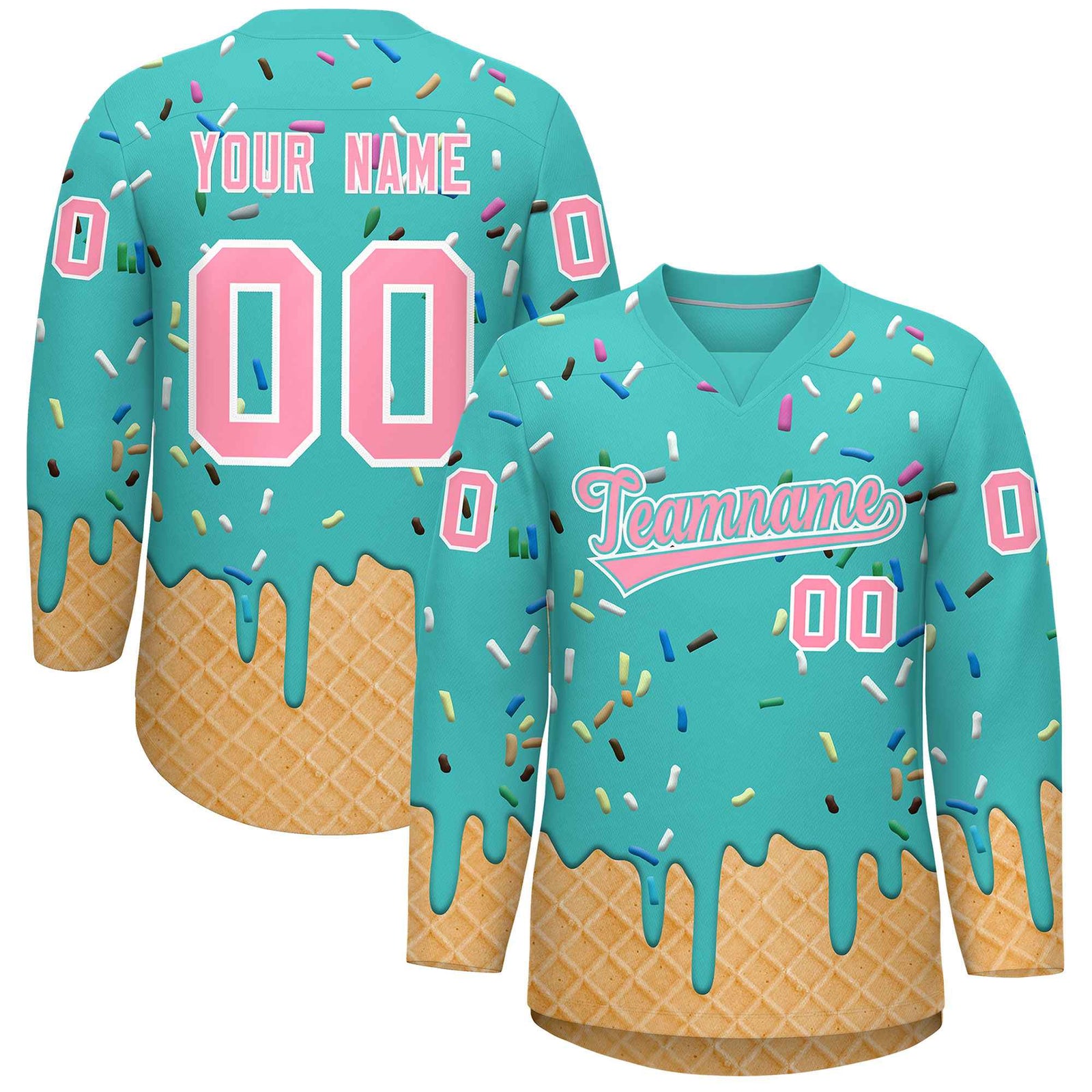 Custom Teal Light Pink Ice Cream Pattern Personalized V-Neck Hockey Jersey| KXKSHOP