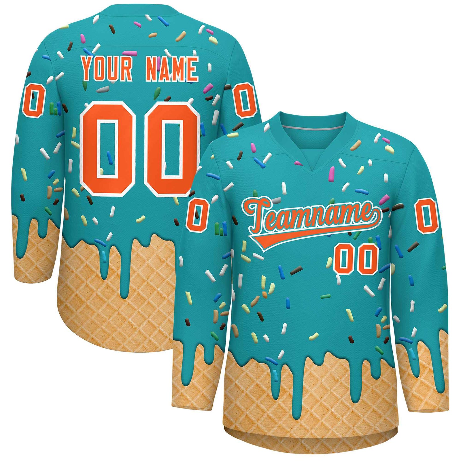 Custom Aqua Orange Ice Cream Pattern Personalized V-Neck Hockey Jersey| KXKSHOP