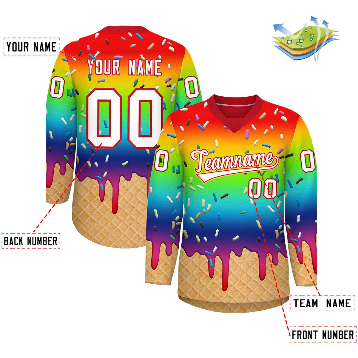 Custom Rainbow White Ice Cream Pattern Personalized V-Neck Hockey Jersey| KXKSHOP