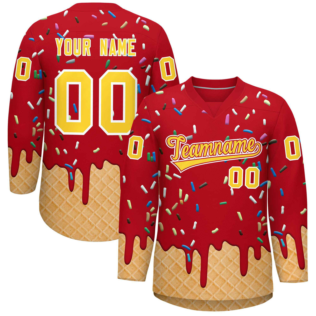 Custom Red Gold Ice Cream Pattern Personalized V-Neck Hockey Jersey| KXKSHOP