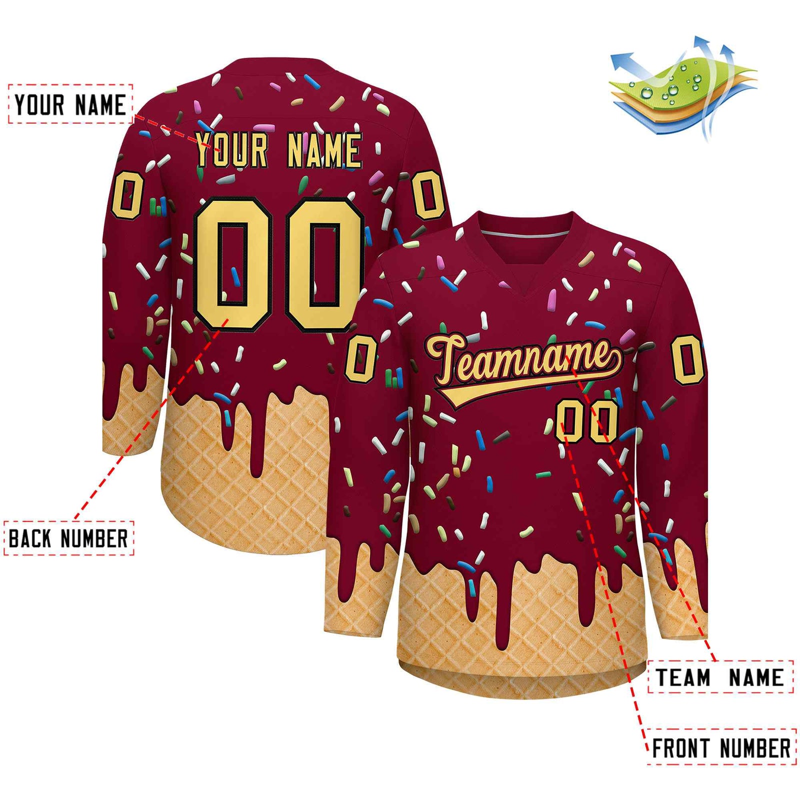 Custom Crimson Khaki Ice Cream Pattern Personalized V-Neck Hockey Jersey| KXKSHOP