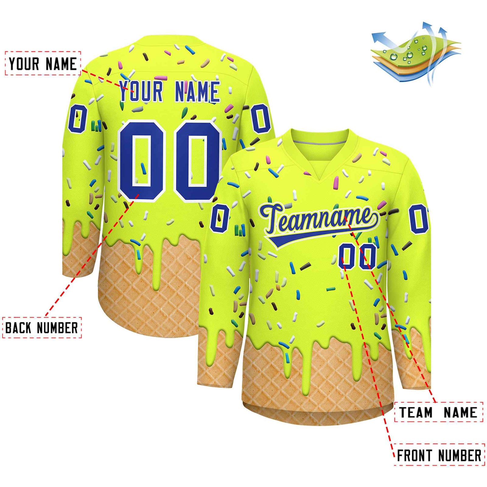 Custom Fluorescent Green Royal Blue Ice Cream Pattern Personalized V-Neck Hockey Jersey| KXKSHOP