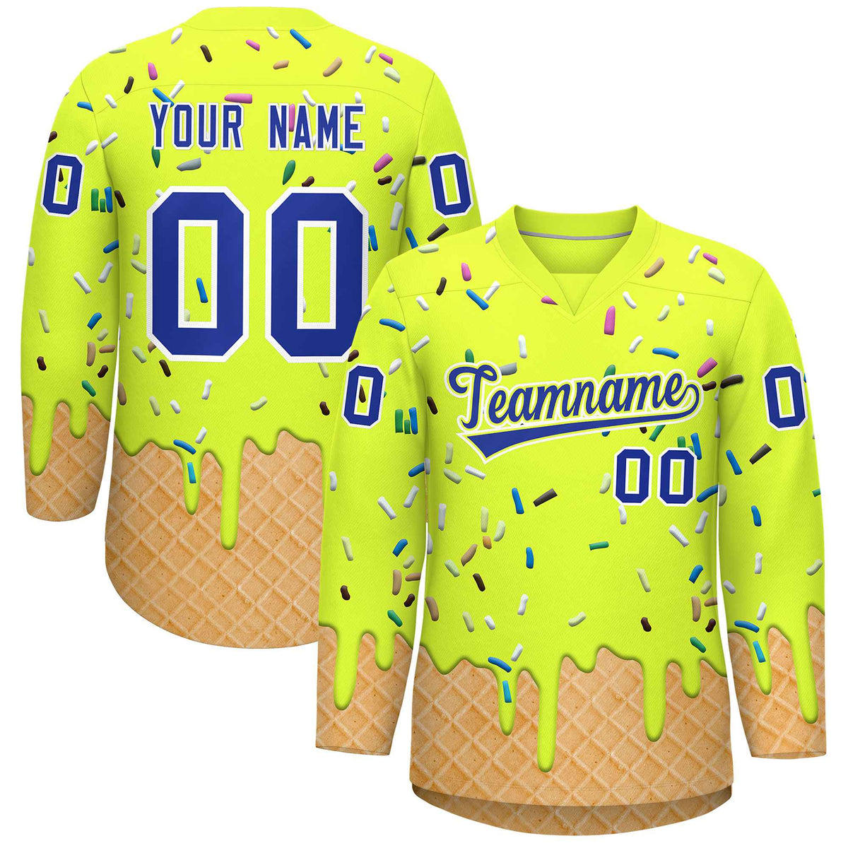 Custom Fluorescent Green Royal Blue Ice Cream Pattern Personalized V-Neck Hockey Jersey| KXKSHOP