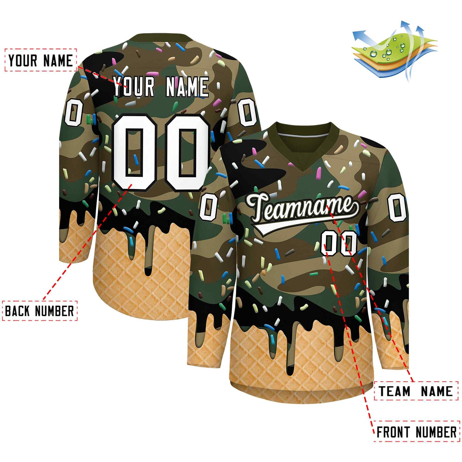 Custom Camo White Ice Cream Pattern Personalized V-Neck Hockey Jersey| KXKSHOP