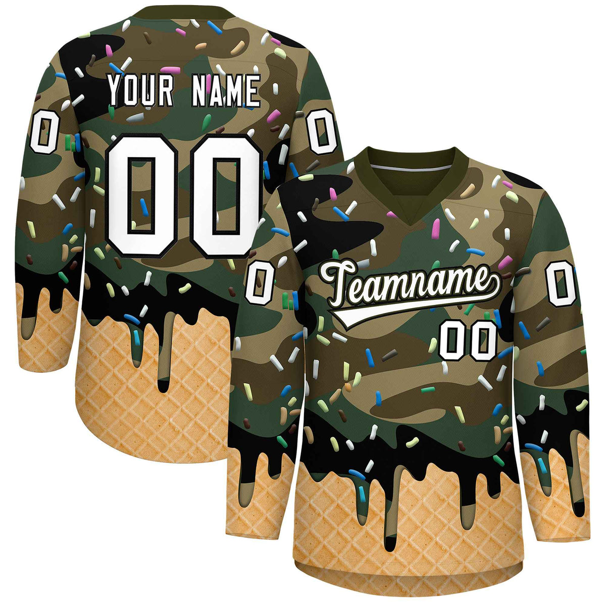 Custom Camo White Ice Cream Pattern Personalized V-Neck Hockey Jersey| KXKSHOP
