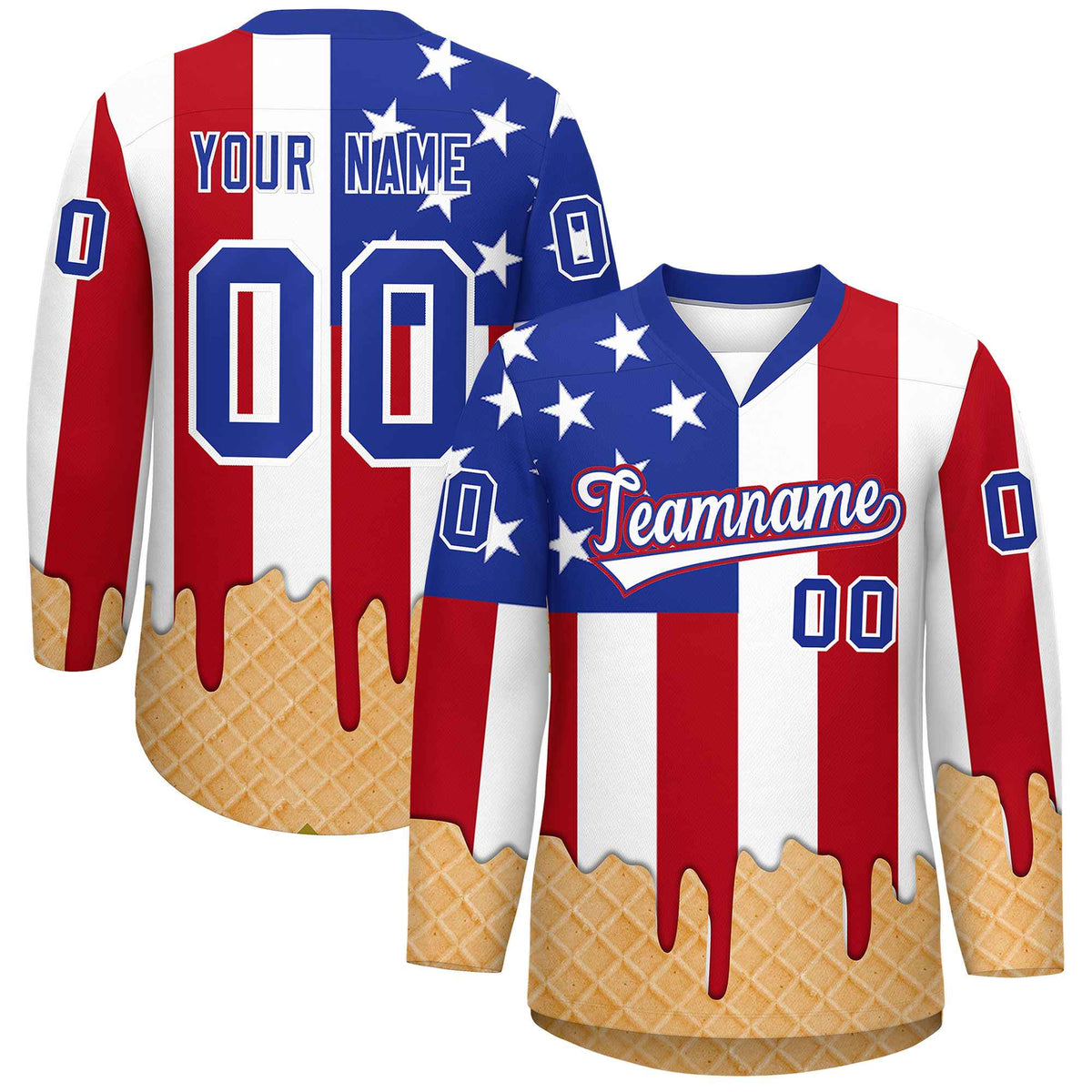 Custom American Flag White Ice Cream Pattern Personalized V-Neck Hockey Jersey| KXKSHOP
