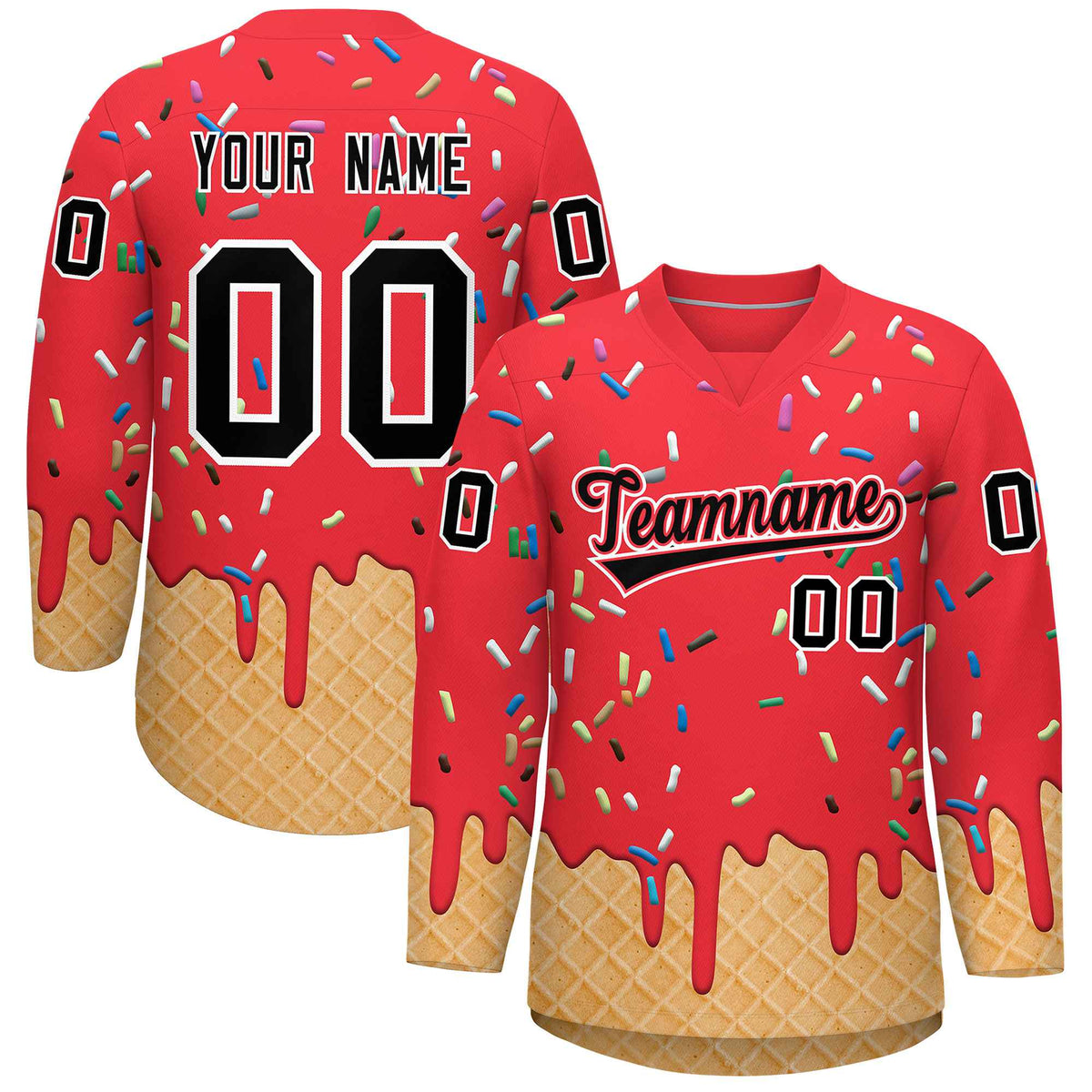 Custom Light Red Black Ice Cream Pattern Personalized V-Neck Hockey Jersey| KXKSHOP