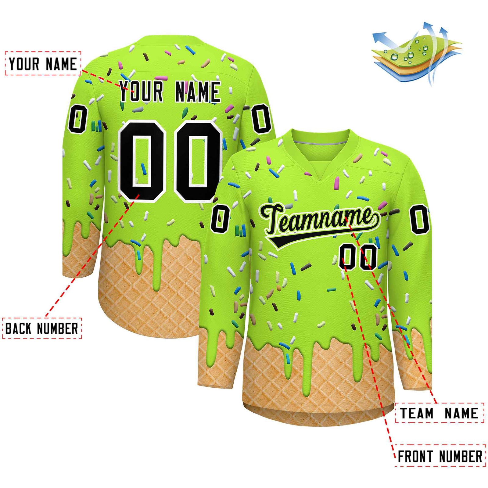 Custom Neon Green Black Ice Cream Pattern Personalized V-Neck Hockey Jersey| KXKSHOP