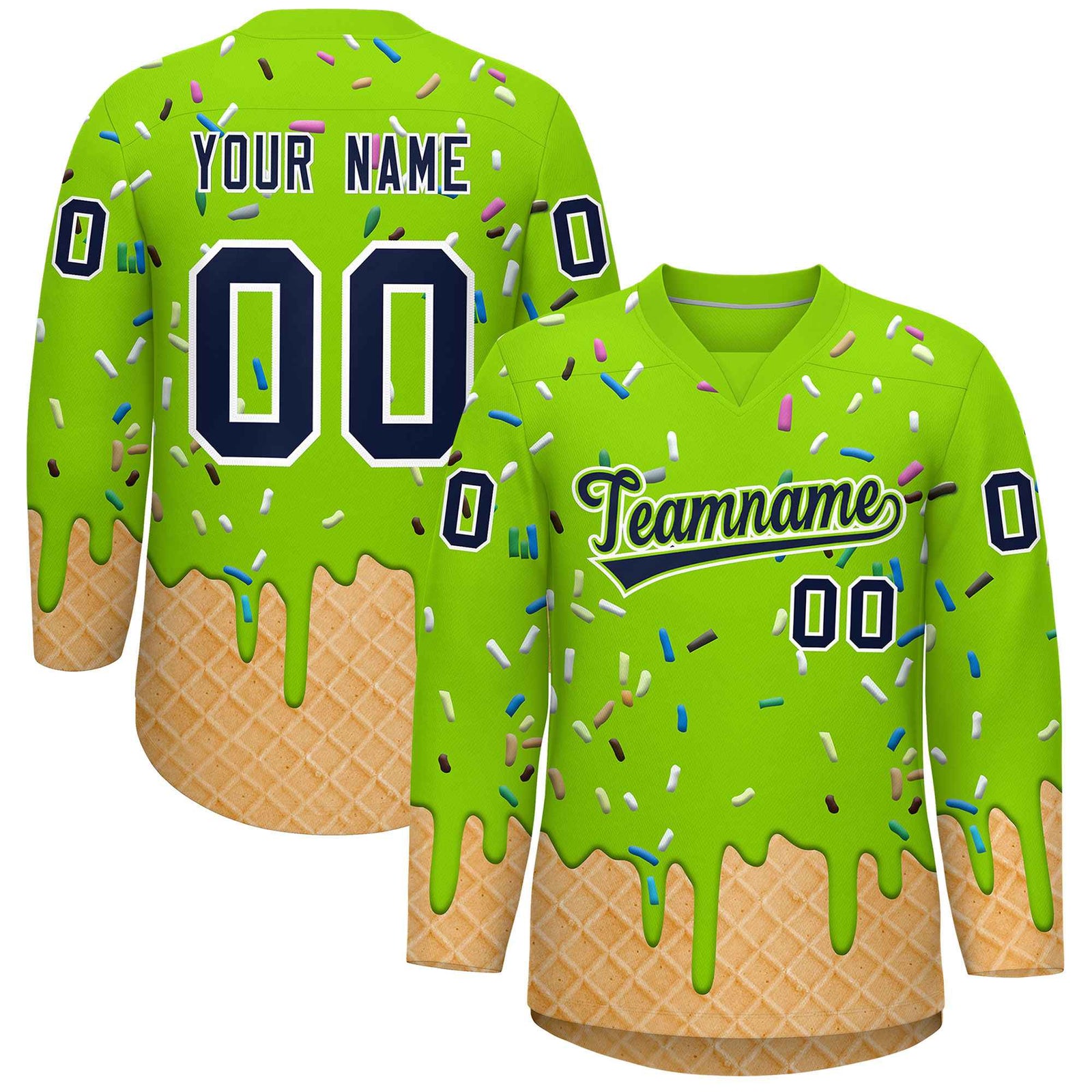 Custom Neon Green Navy Ice Cream Pattern Personalized V-Neck Hockey Jersey| KXKSHOP