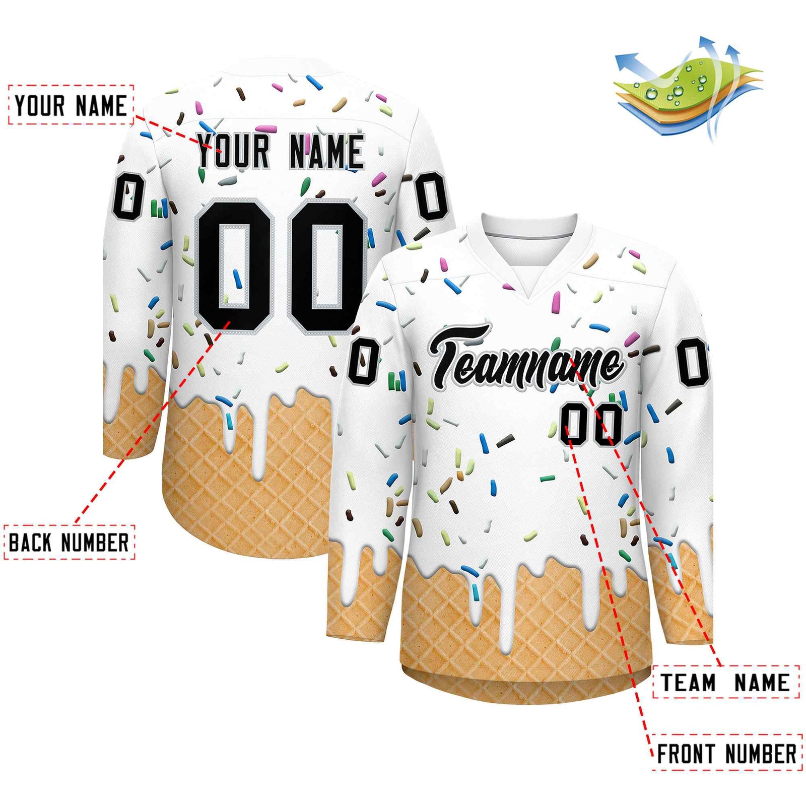 Custom White Black Ice Cream Pattern Personalized V-Neck Hockey Jersey