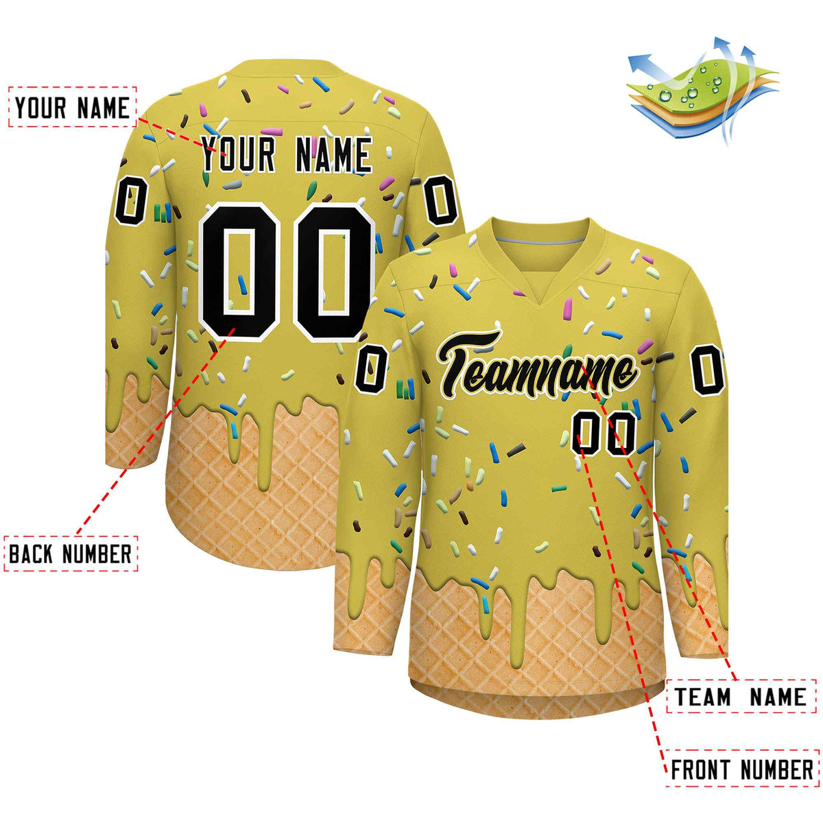 Custom Old Gold Black Ice Cream Pattern Personalized V-Neck Hockey Jersey