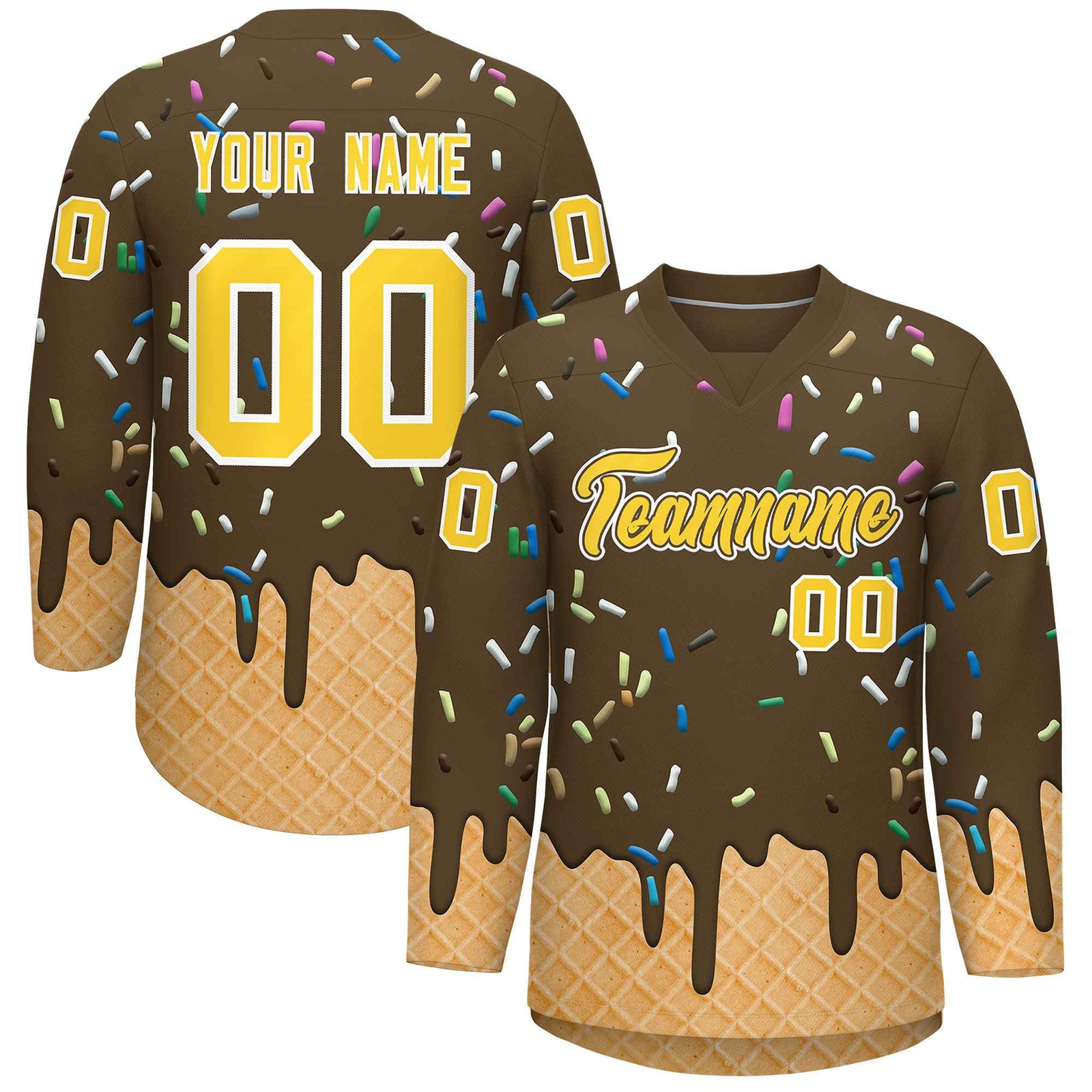 Custom Light Brown Gold Ice Cream Pattern Personalized V-Neck Hockey Jersey