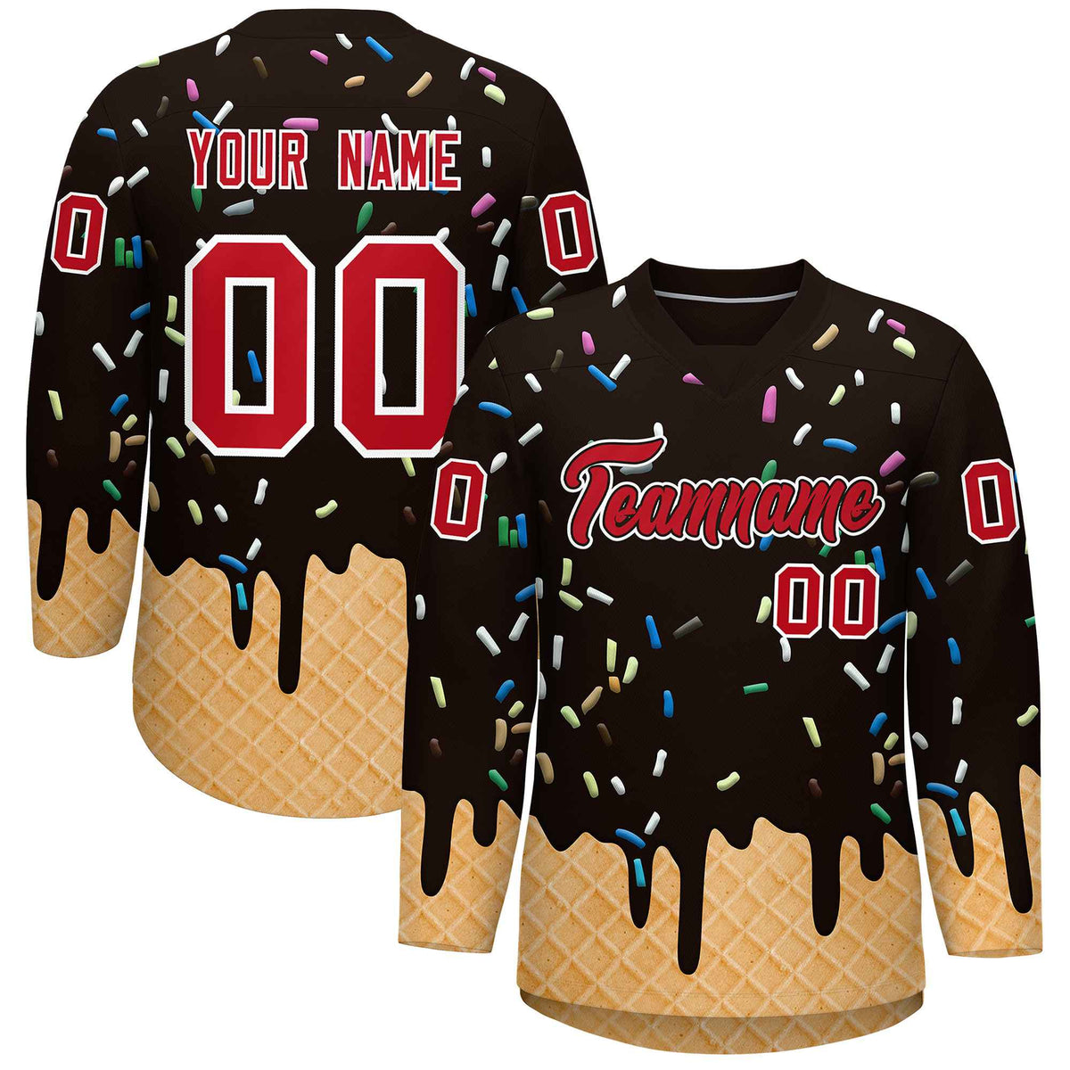 Custom Brown Red Ice Cream Pattern Personalized V-Neck Hockey Jersey