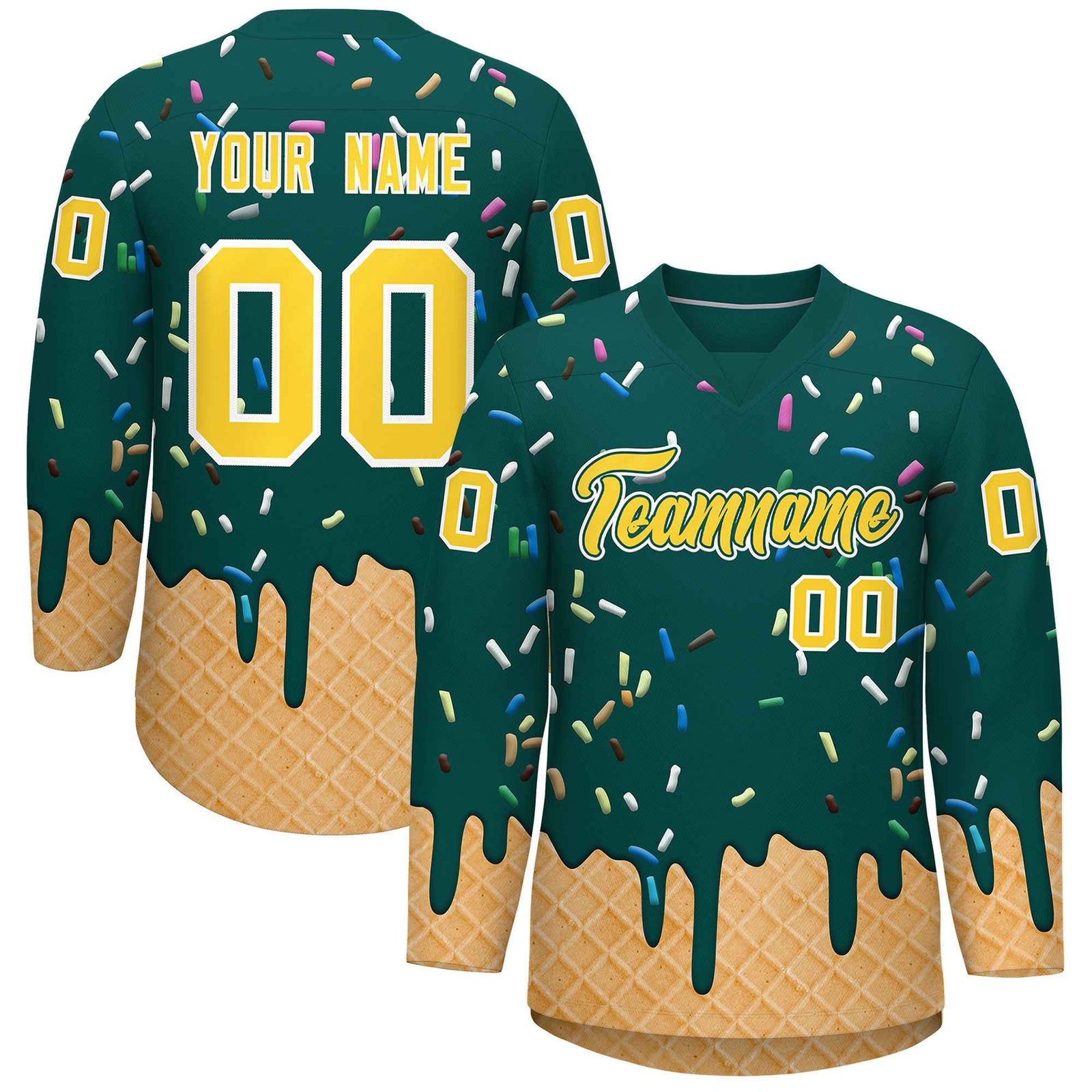Custom Midnight Green Gold Ice Cream Pattern Personalized V-Neck Hockey Jersey