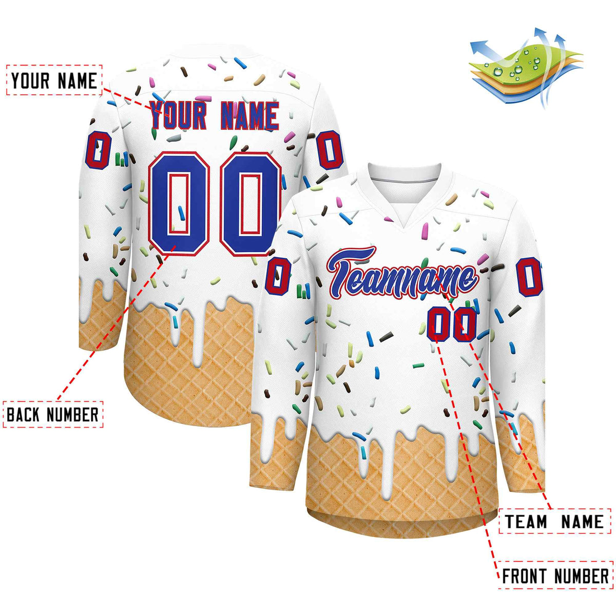 Custom White Royal Blue Ice Cream Pattern Personalized V-Neck Hockey Jersey
