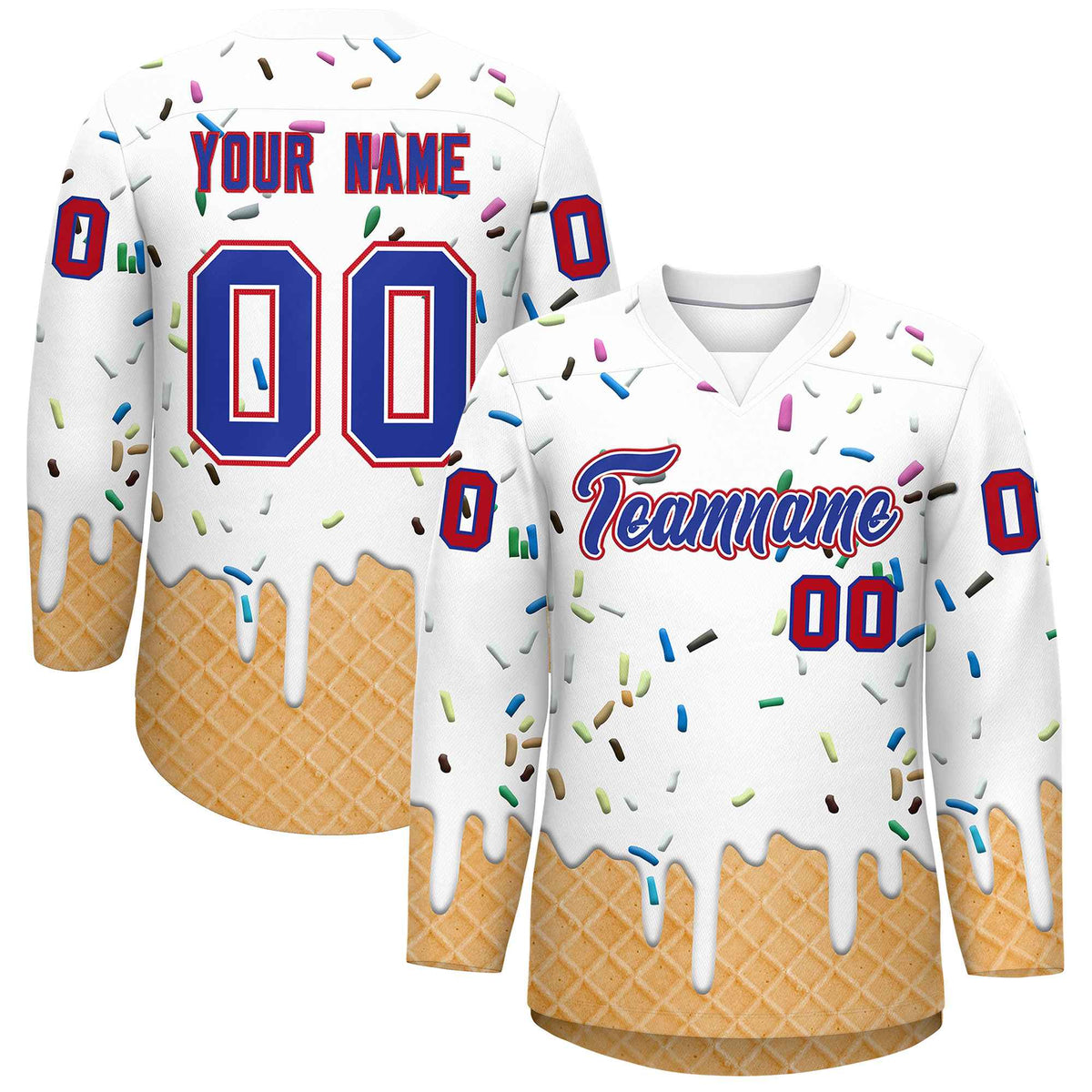 Custom White Royal Blue Ice Cream Pattern Personalized V-Neck Hockey Jersey