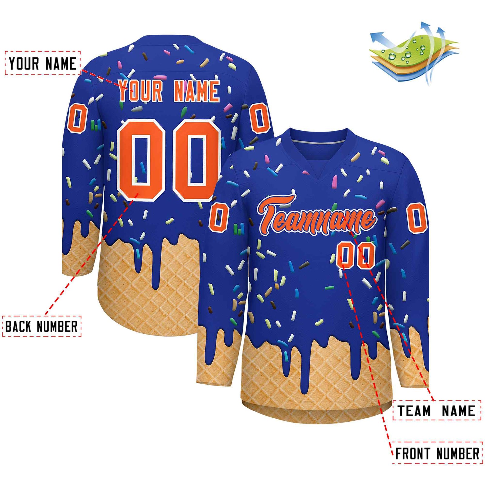 Custom Royal Blue Orange Ice Cream Pattern Personalized V-Neck Hockey Jersey