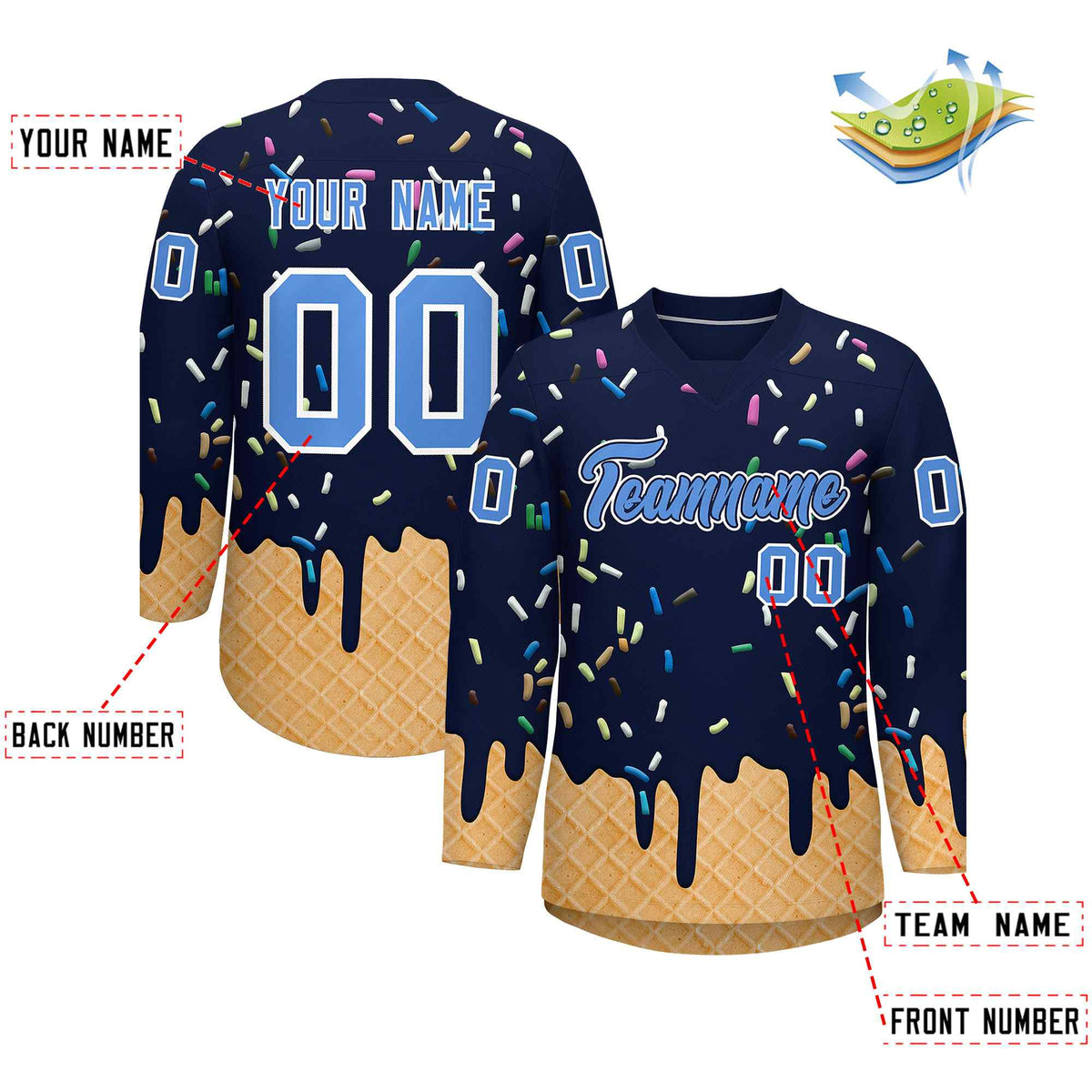 Custom Navy Powder Blue Ice Cream Pattern Personalized V-Neck Hockey Jersey