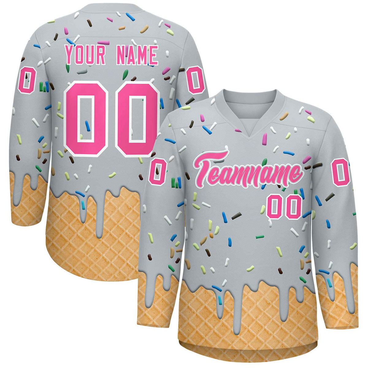 Custom Silver Pink Ice Cream Pattern Personalized V-Neck Hockey Jersey